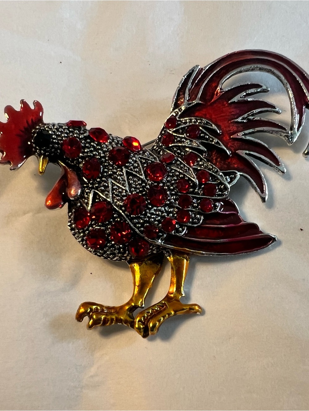 Red Jeweled Rooster Statement Brooch
